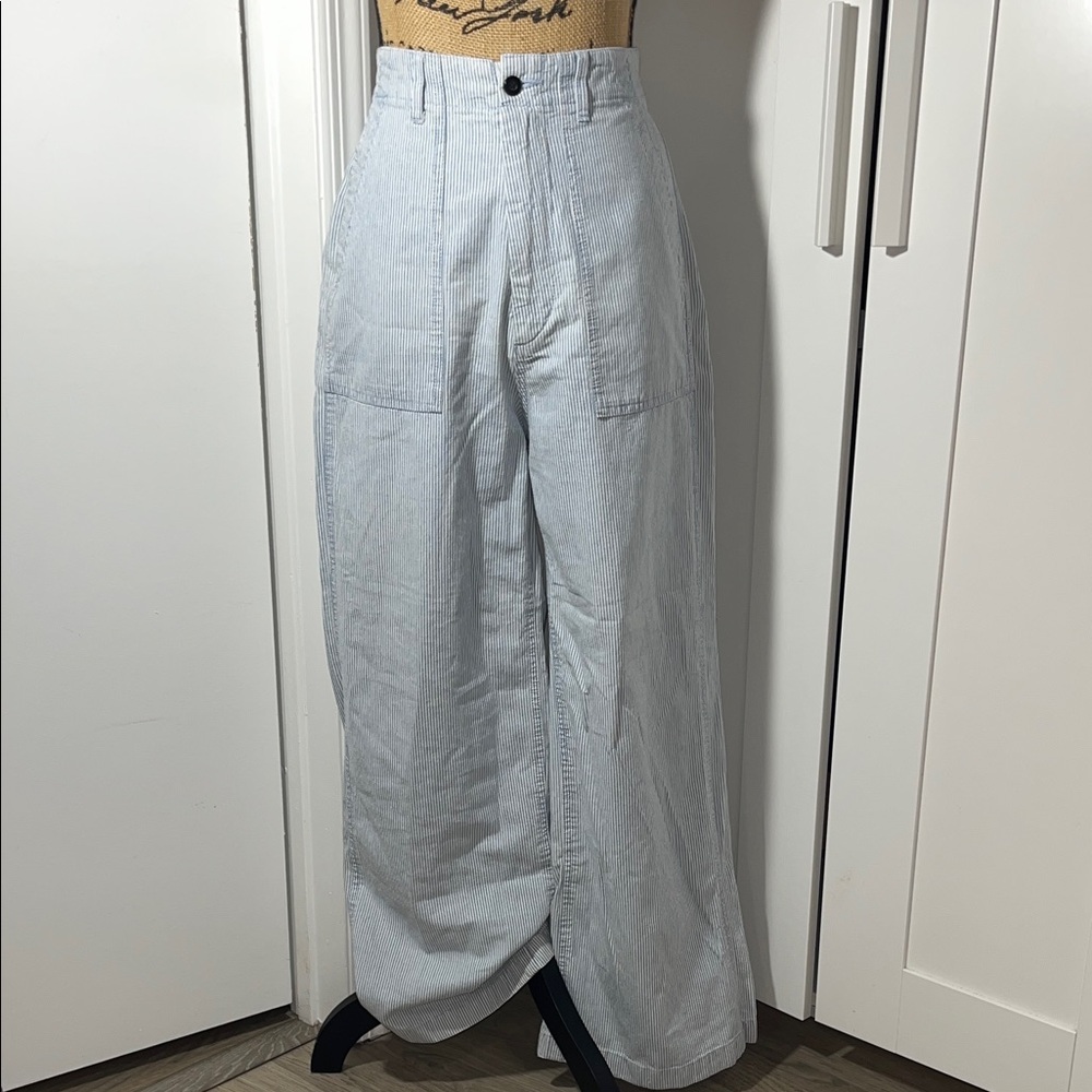 Light Blue And White Striped Wide-Leg High Rise Pants